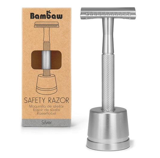 Wielorazowa maszynka do golenia na żyletki ze stojakiem, Srebrna, Bambaw